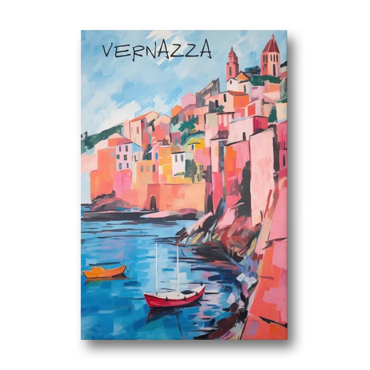 Vernazza Painting with Red Boats - Canvas Wall Art - Front