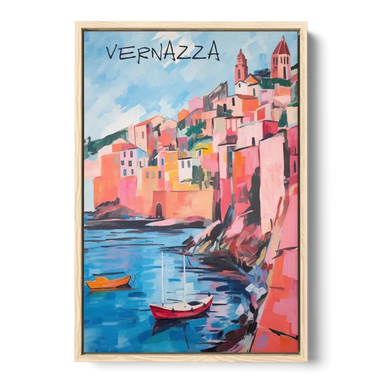 Vernazza Painting with Red Boats - Oak Framed Canvas Wall Art - Front