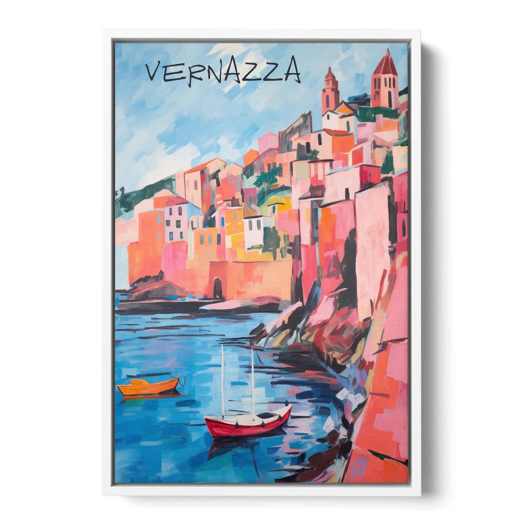 Vernazza Painting with Red Boats - White Framed Canvas Wall Art - Front