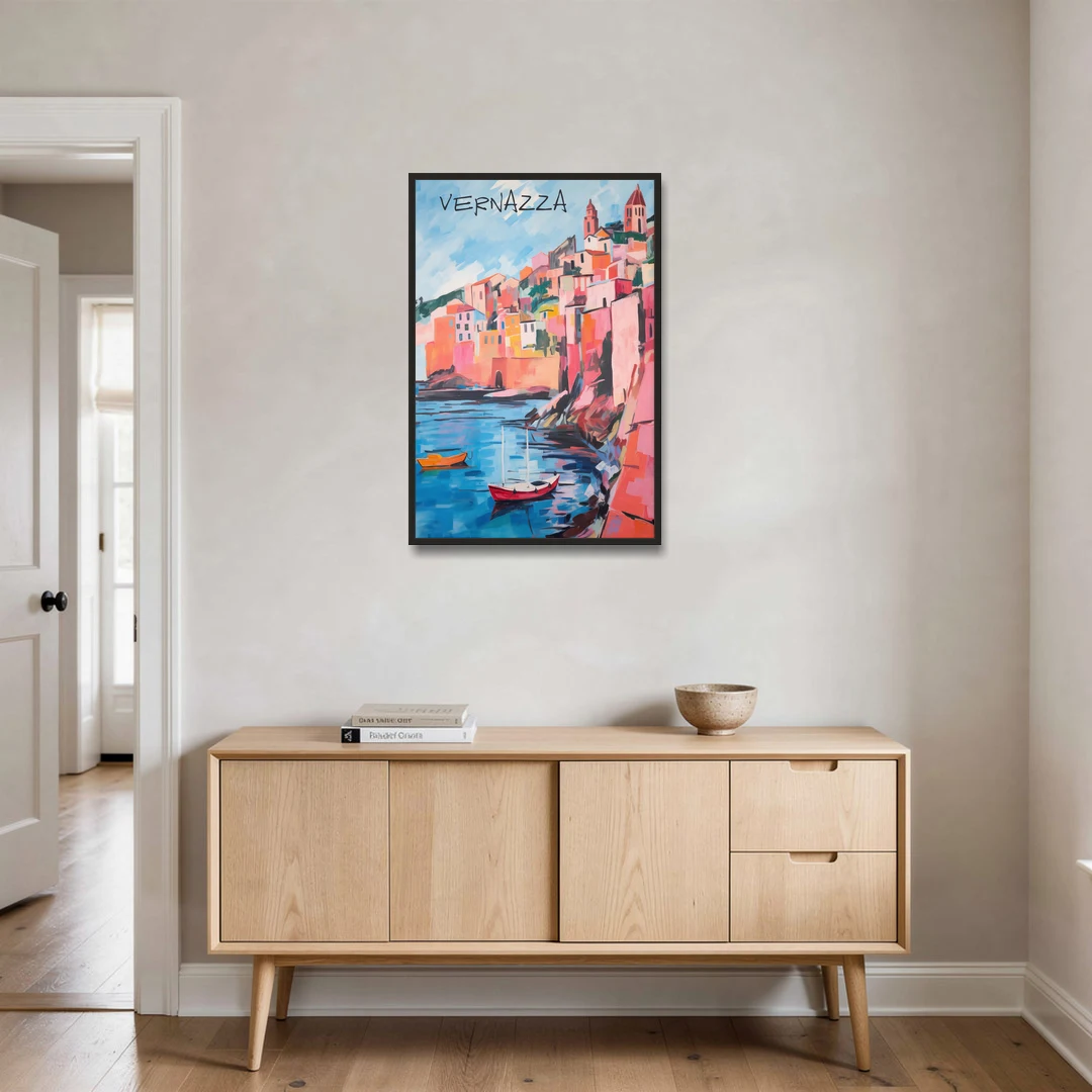 Vernazza Painting with Red Boats - Black Framed Canvas Wall Art - Coffee Table - 24x36
