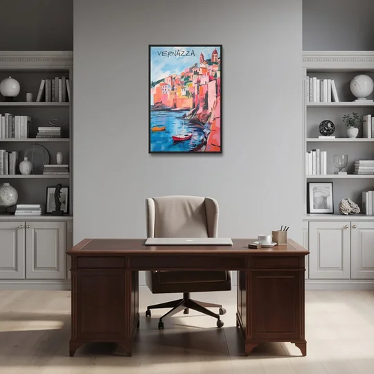 Vernazza Painting with Red Boats - Black Framed Canvas Wall Art - Office - 24x36