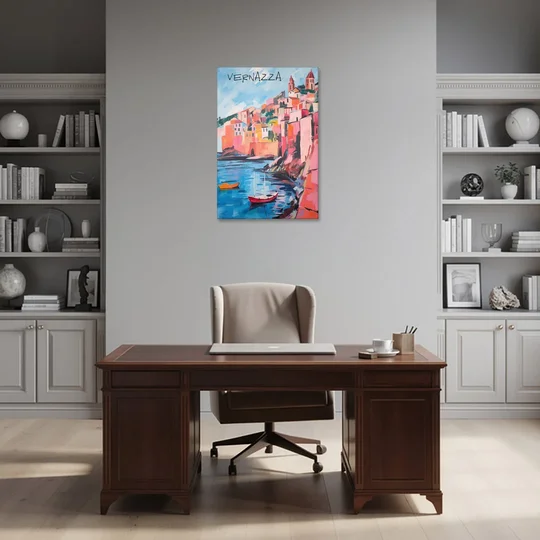 Vernazza Painting with Red Boats - Canvas Wall Art - Office - 24x36
