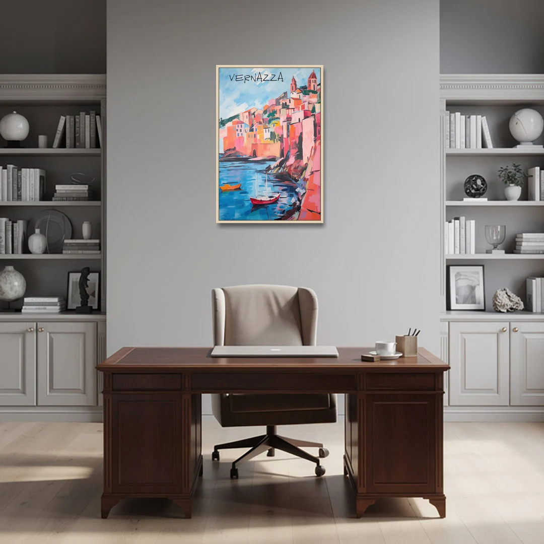 Vernazza Painting with Red Boats - Oak Framed Canvas Wall Art - Office - 24x36