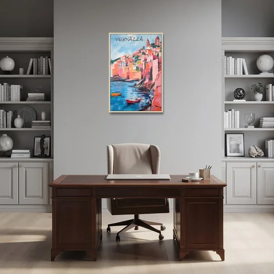Vernazza Painting with Red Boats - Oak Framed Canvas Wall Art - Office - 24x36