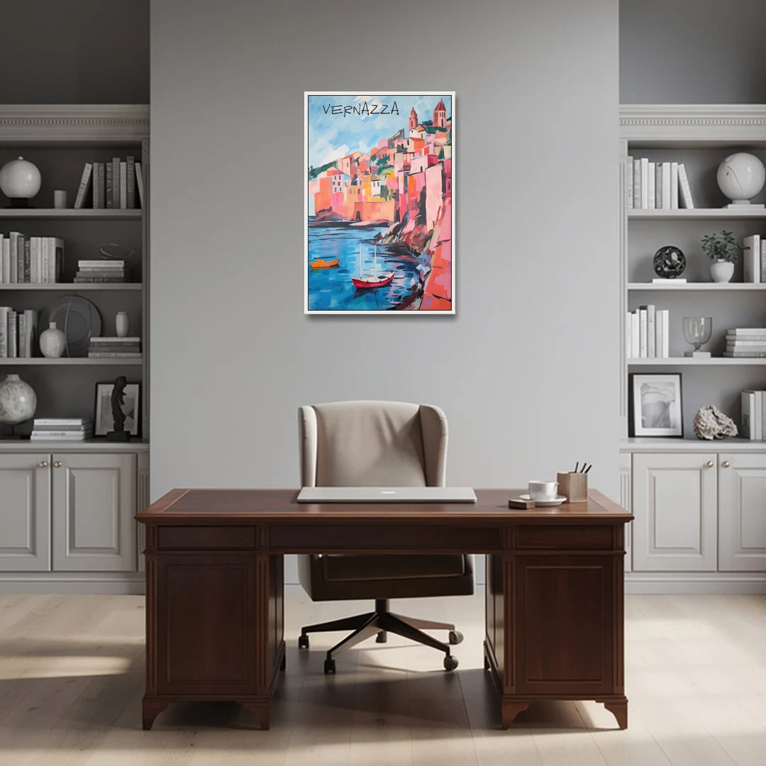 Vernazza Painting with Red Boats - White Framed Canvas Wall Art - Office - 24x36