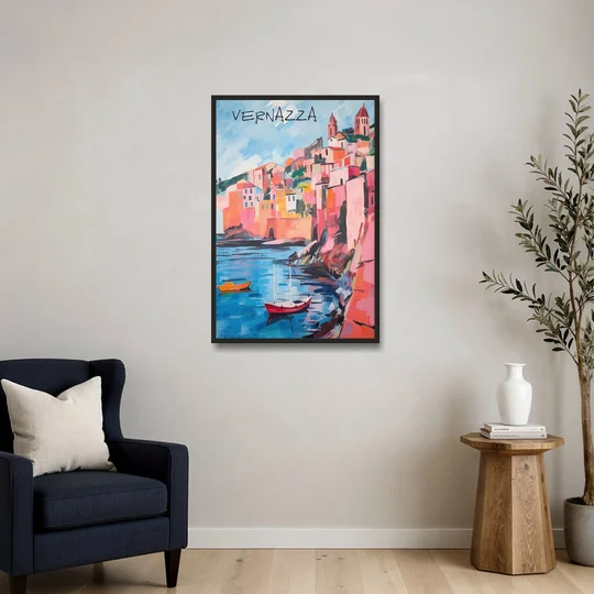 Vernazza Painting with Red Boats - Black Framed Canvas Wall Art - Sofa - 24x36