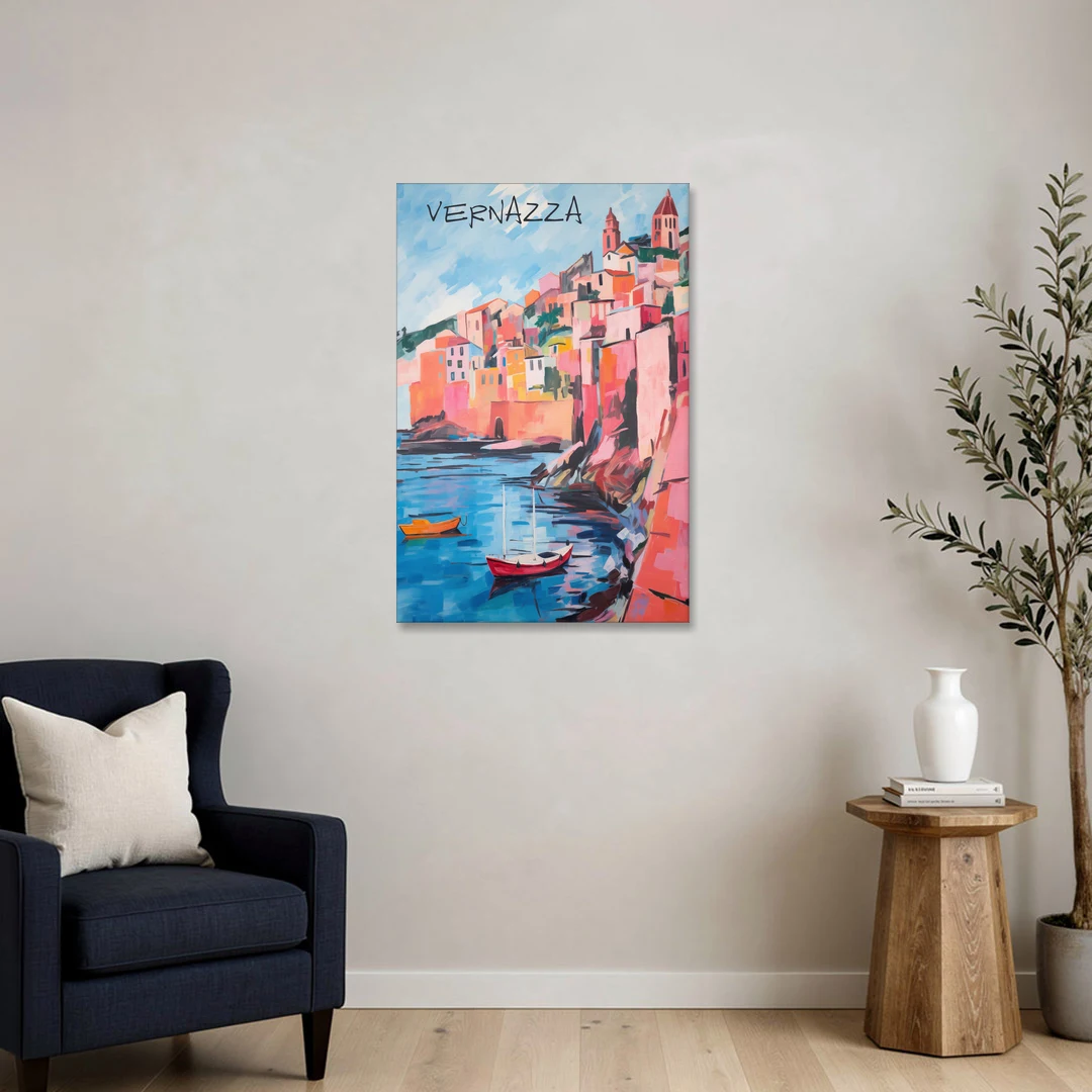 Vernazza Painting with Red Boats - Canvas Wall Art - Sofa - 24x36