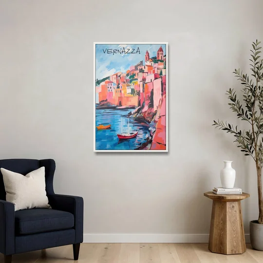 Vernazza Painting with Red Boats - White Framed Canvas Wall Art - Sofa - 24x36