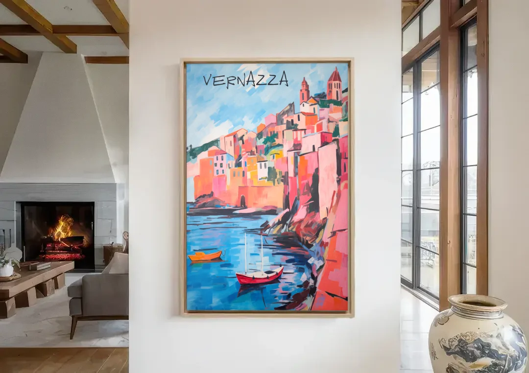 Vernazza Painting with Red Boats canvas wall art in a living room with a fireplace