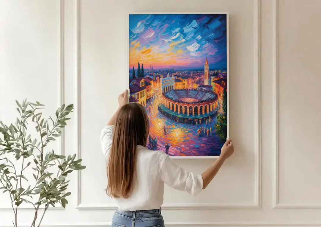 Verona's Roman Theatre canvas wall art being hung on a paneled wall