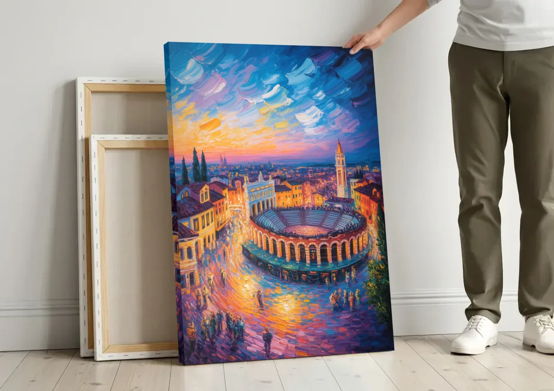 Verona's Roman Theatre canvas wall art leaning against a wall next to blank canvases