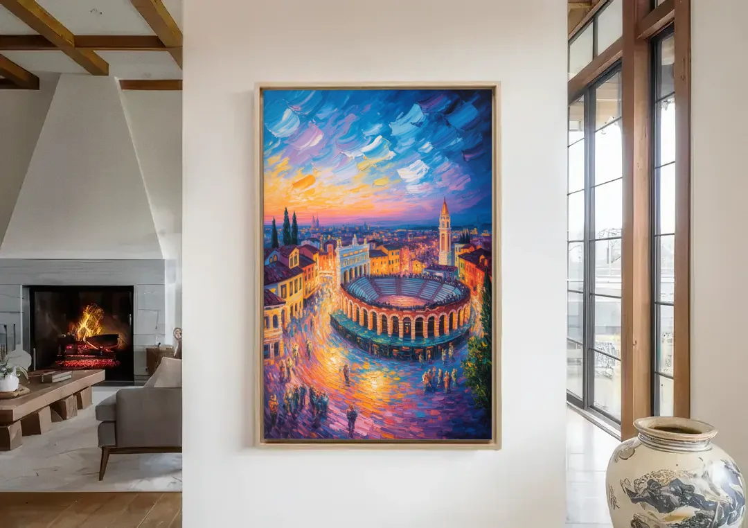 Verona's Roman Theatre canvas wall art in a living room with a fireplace