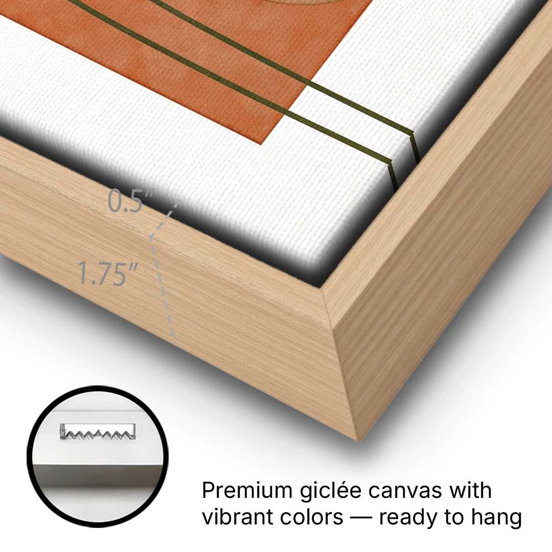 Vertical Abstract Wall Art with Olive Arcs - Oak Framed Canvas Wall Art - Gallery Wrap Corner