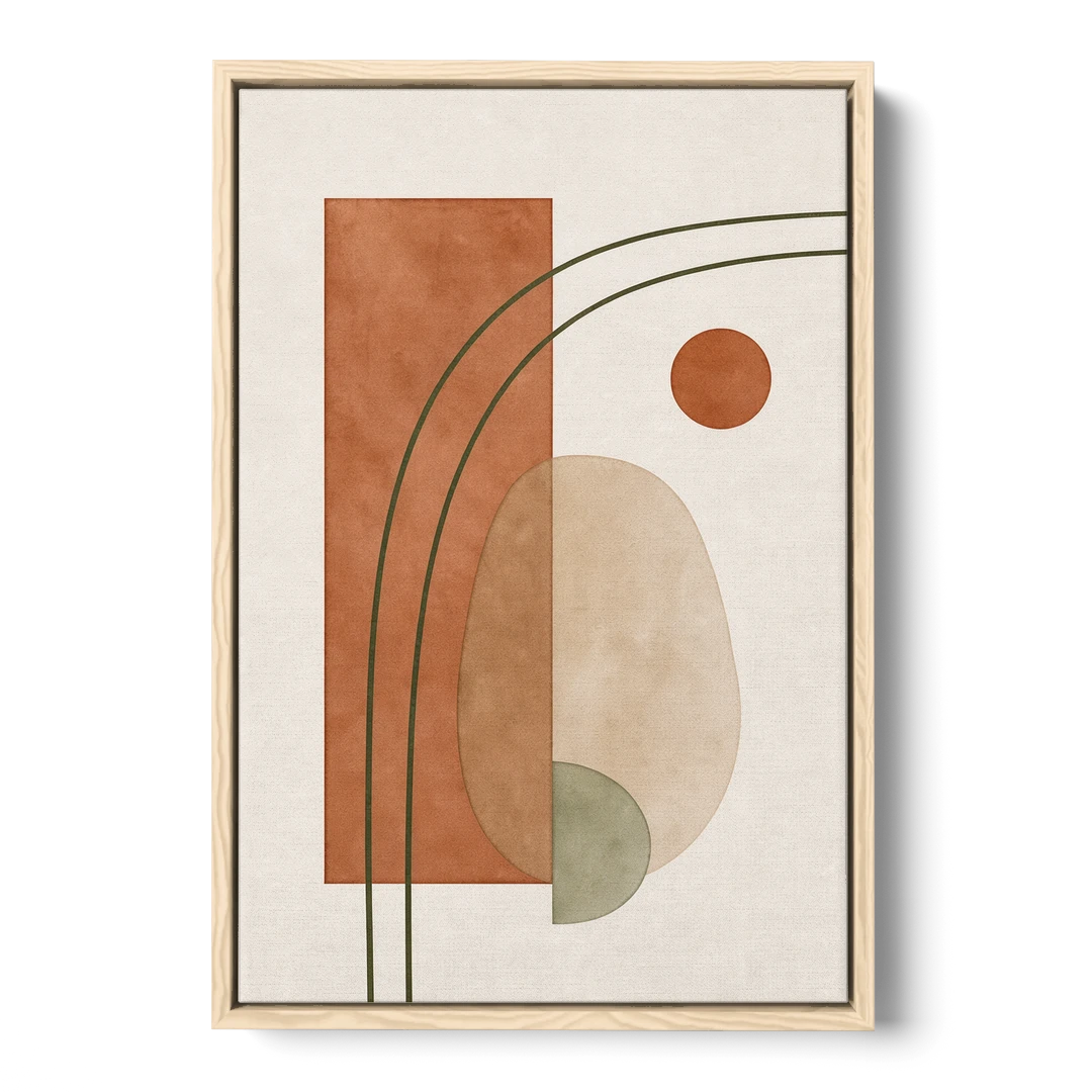 Vertical Abstract Wall Art with Olive Arcs - Oak Framed Canvas Wall Art - Front