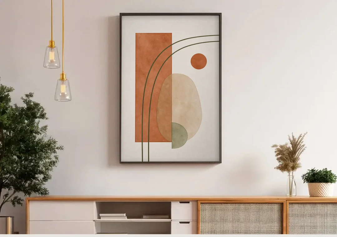 Vertical Abstract Wall Art with Olive Arcs canvas wall art above a wooden sideboard under pendant lights