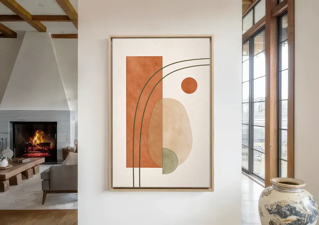 Vertical Abstract Wall Art with Olive Arcs canvas wall art in a living room with a fireplace