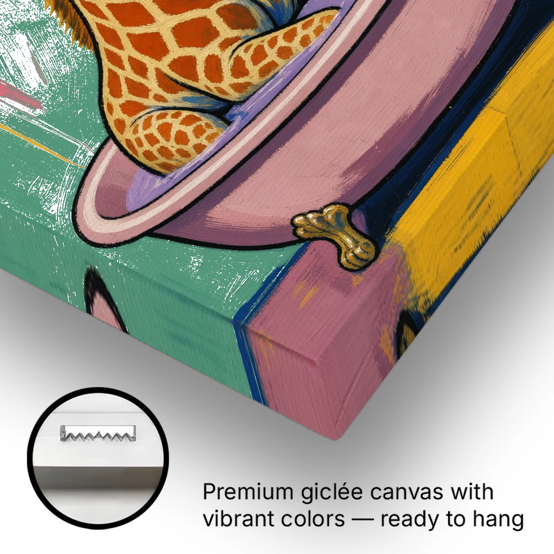 Vertical Bathroom Wall Art of a Bathing Giraffe - Canvas Wall Art - Gallery Wrap Corner