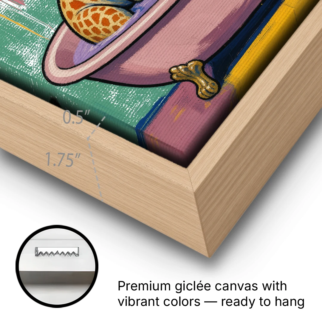 Vertical Bathroom Wall Art of a Bathing Giraffe - Oak Framed Canvas Wall Art - Gallery Wrap Corner