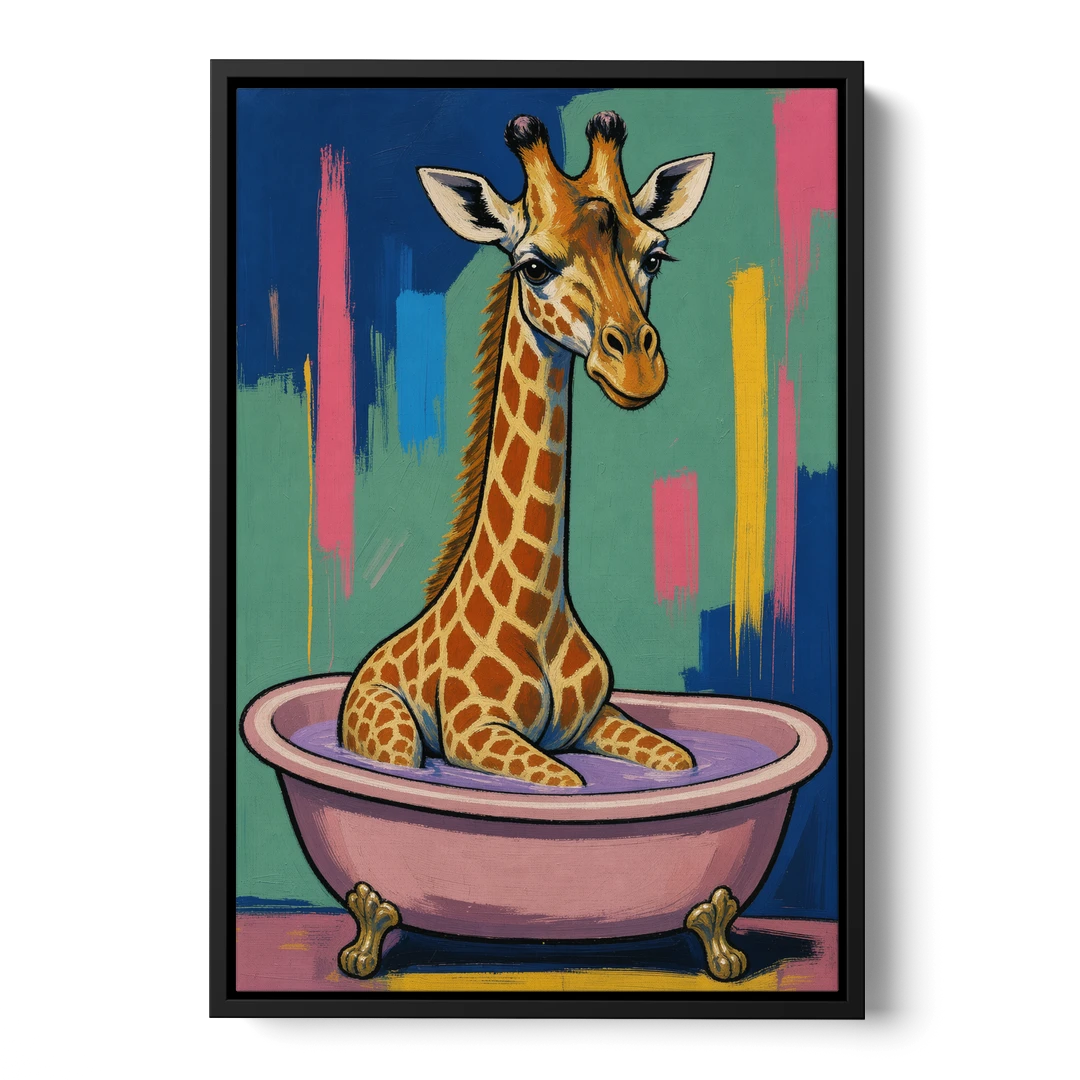Vertical Bathroom Wall Art of a Bathing Giraffe - Black Framed Canvas Wall Art - Front