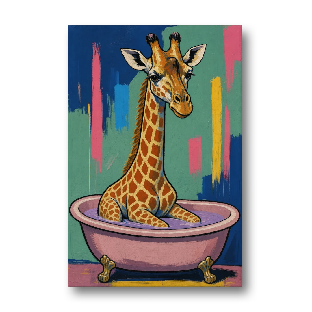 Vertical Bathroom Wall Art of a Bathing Giraffe - Canvas Wall Art - Front