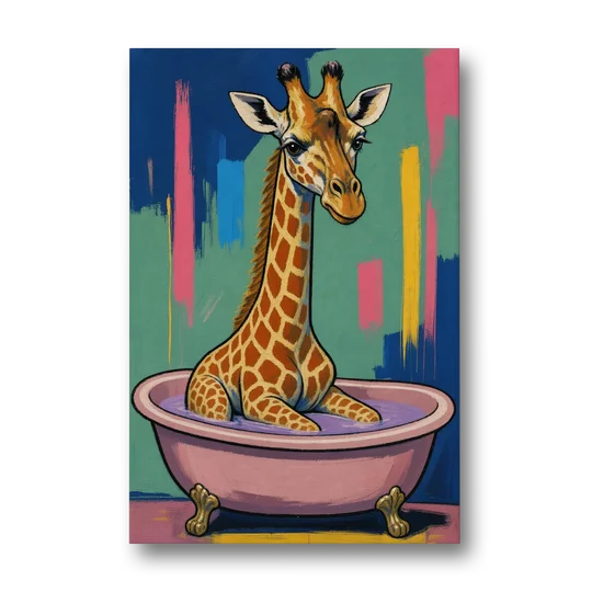 Vertical Bathroom Wall Art of a Bathing Giraffe - Canvas Wall Art - Front