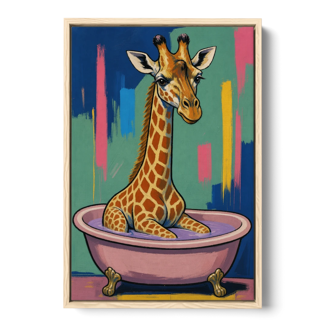 Vertical Bathroom Wall Art of a Bathing Giraffe - Oak Framed Canvas Wall Art - Front