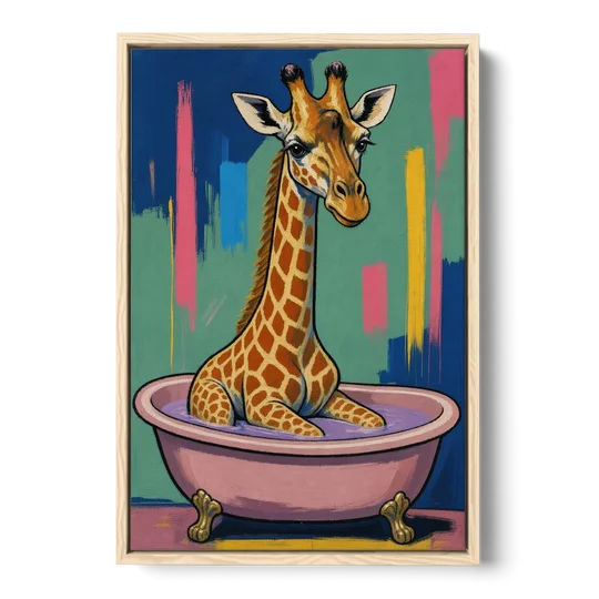 Vertical Bathroom Wall Art of a Bathing Giraffe - Oak Framed Canvas Wall Art - Front
