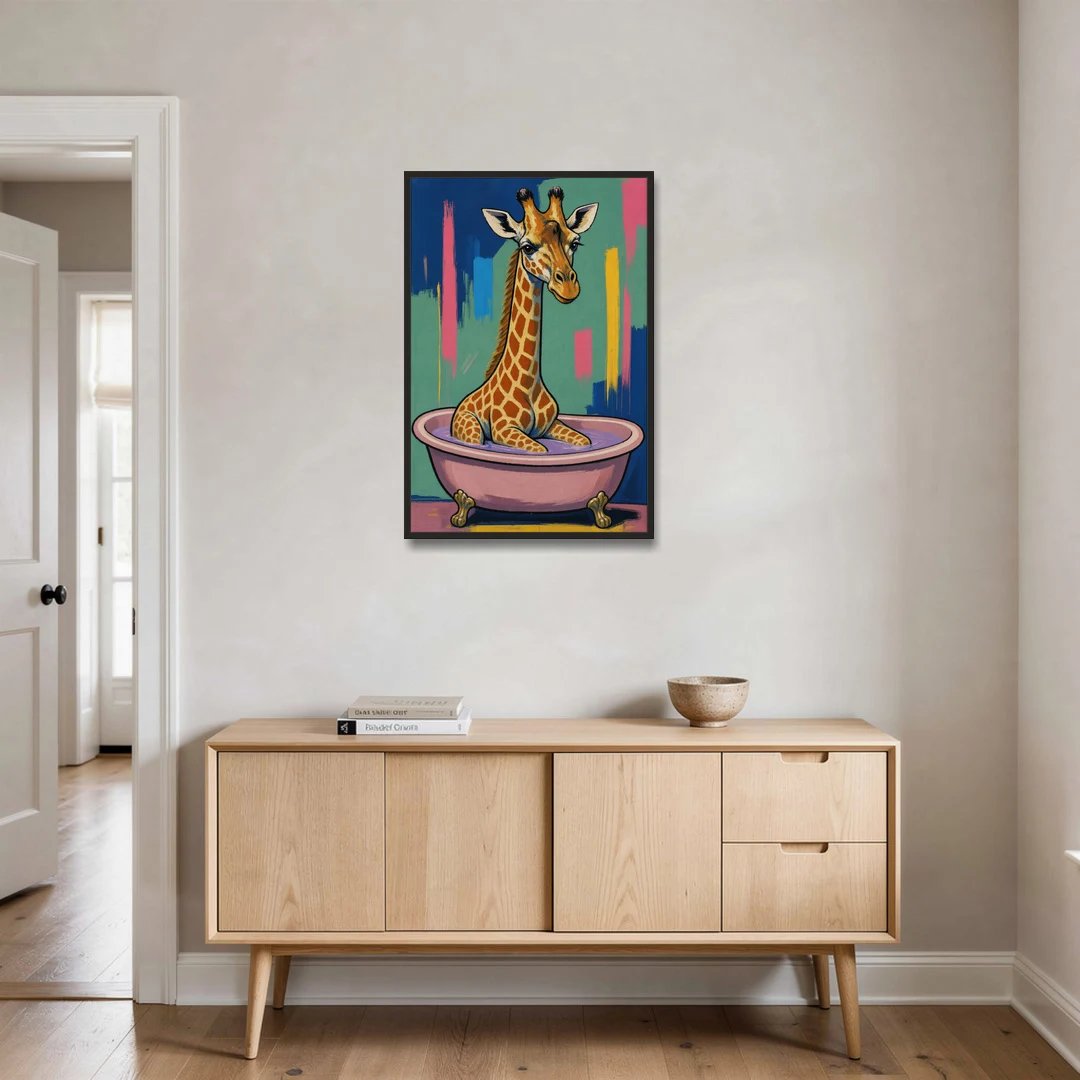 Vertical Bathroom Wall Art of a Bathing Giraffe - Black Framed Canvas Wall Art - Coffee Table - 24x36