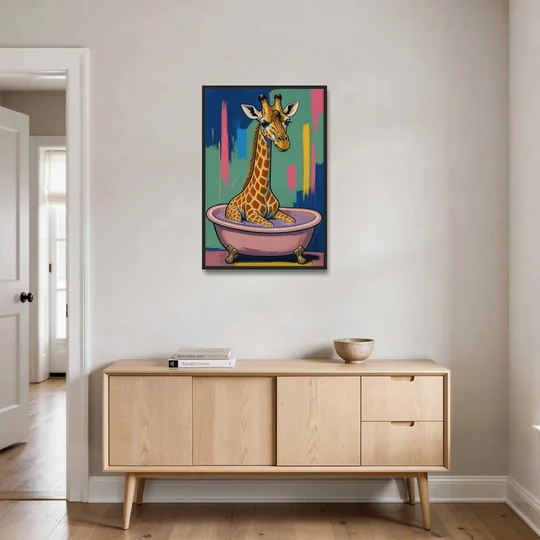Vertical Bathroom Wall Art of a Bathing Giraffe - Black Framed Canvas Wall Art - Coffee Table - 24x36