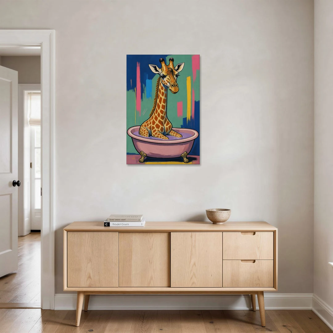 Vertical Bathroom Wall Art of a Bathing Giraffe - Canvas Wall Art - Coffee Table - 24x36