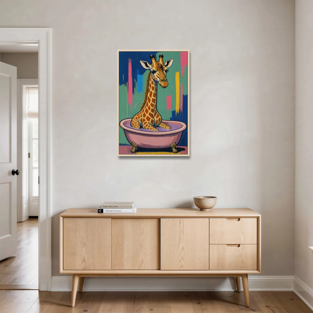 Vertical Bathroom Wall Art of a Bathing Giraffe - Oak Framed Canvas Wall Art - Coffee Table - 24x36