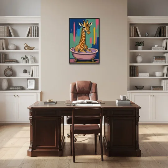 Vertical Bathroom Wall Art of a Bathing Giraffe - Black Framed Canvas Wall Art - Office - 24x36