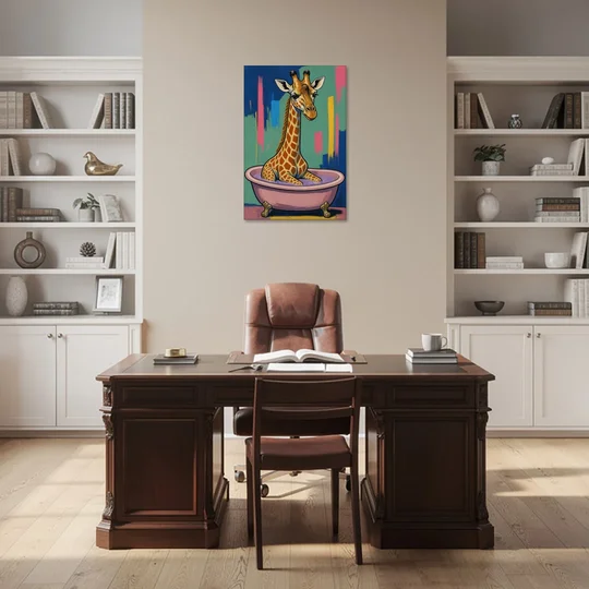Vertical Bathroom Wall Art of a Bathing Giraffe - Canvas Wall Art - Office - 24x36