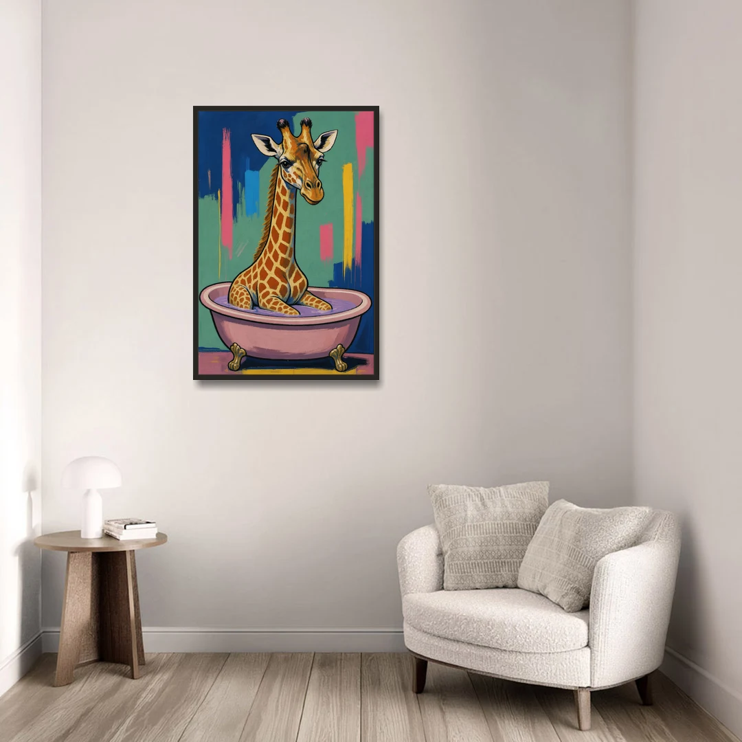 Vertical Bathroom Wall Art of a Bathing Giraffe - Black Framed Canvas Wall Art - Sofa - 24x36