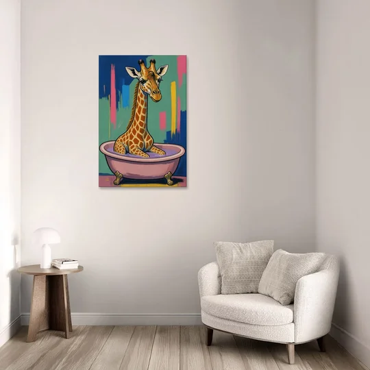 Vertical Bathroom Wall Art of a Bathing Giraffe - Canvas Wall Art - Sofa - 24x36
