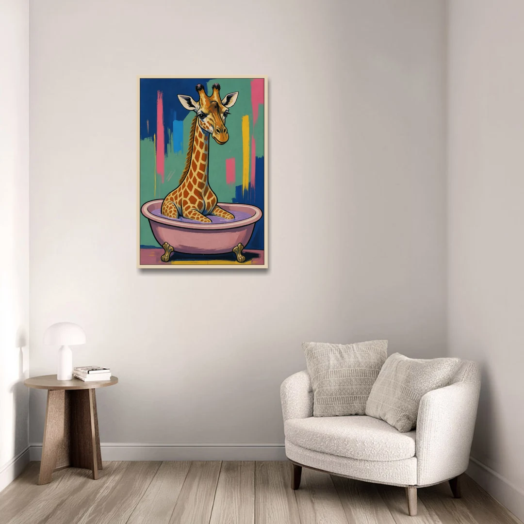 Vertical Bathroom Wall Art of a Bathing Giraffe - Oak Framed Canvas Wall Art - Sofa - 24x36