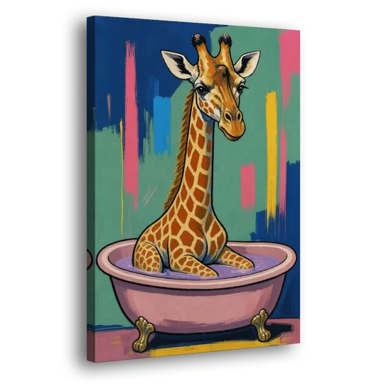 Vertical Bathroom Wall Art of a Bathing Giraffe - Canvas Wall Art - Side