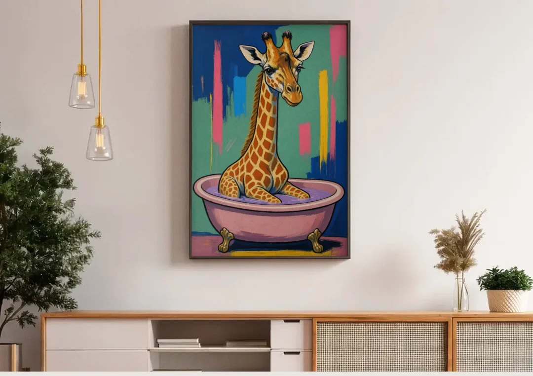 Vertical Bathroom Wall Art of a Bathing Giraffe canvas wall art above a wooden sideboard under pendant lights