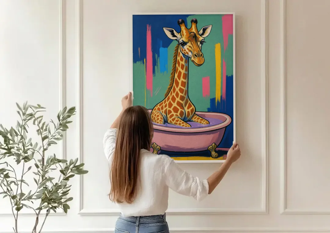 Vertical Bathroom Wall Art of a Bathing Giraffe canvas wall art being hung on a paneled wall