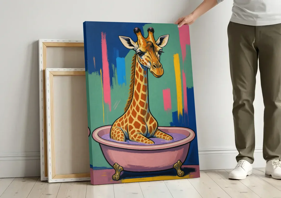 Vertical Bathroom Wall Art of a Bathing Giraffe canvas wall art leaning against a wall next to blank canvases