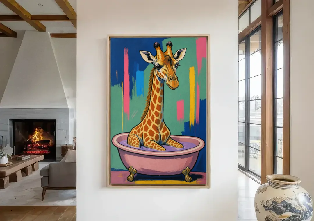 Vertical Bathroom Wall Art of a Bathing Giraffe canvas wall art in a living room with a fireplace