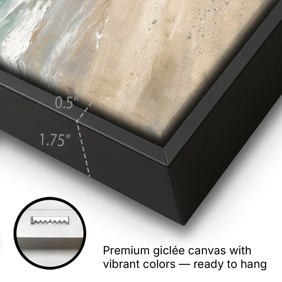 Vertical Beach Wall Art of a Dissolving Shore - Black Framed Canvas Wall Art - Gallery Wrap Corner