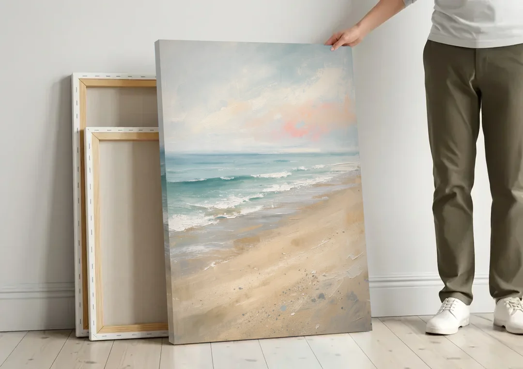 Vertical Beach Wall Art of a Dissolving Shore canvas wall art leaning against a wall next to blank canvases