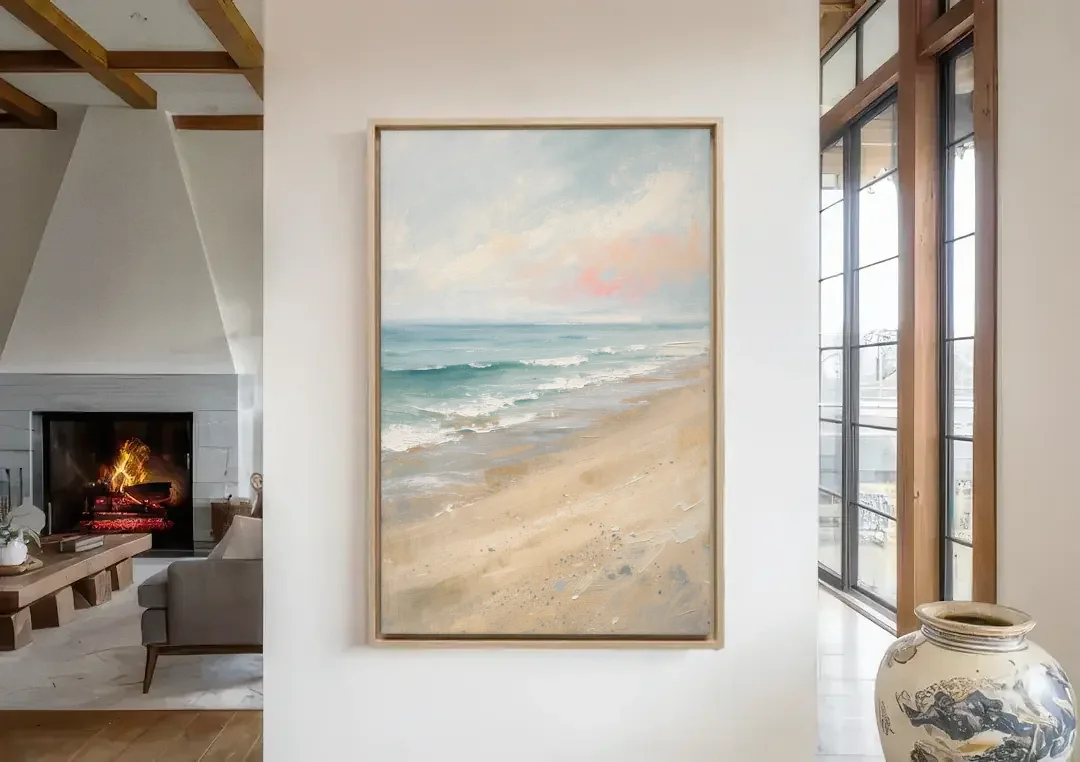 Vertical Beach Wall Art of a Dissolving Shore canvas wall art in a living room with a fireplace