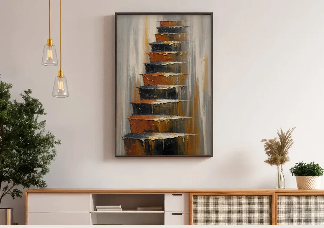 Vertical Canvas Wall Art of Stacked Stone Ledges canvas wall art above a wooden sideboard under pendant lights