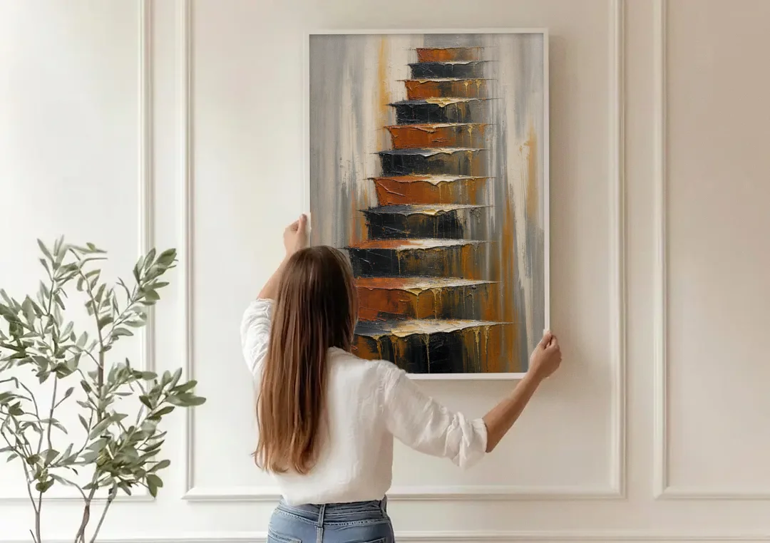 Vertical Canvas Wall Art of Stacked Stone Ledges canvas wall art being hung on a paneled wall