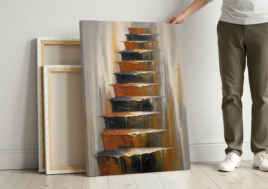Vertical Canvas Wall Art of Stacked Stone Ledges canvas wall art leaning against a wall next to blank canvases