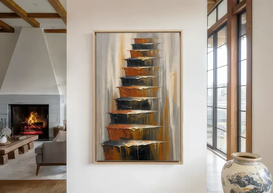 Vertical Canvas Wall Art of Stacked Stone Ledges canvas wall art in a living room with a fireplace