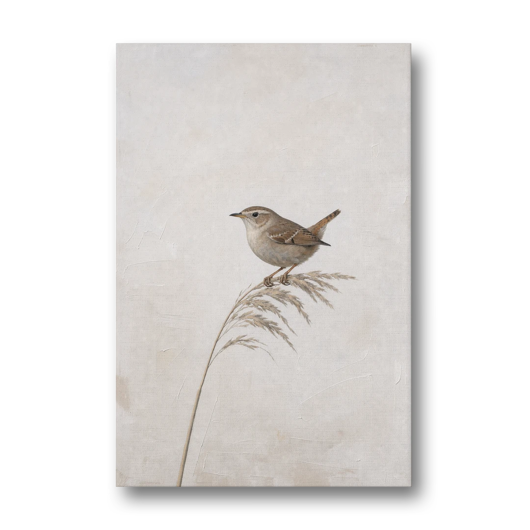 Vertical Wall Art Wren on a Dried Grass Stem - Canvas Wall Art - Front