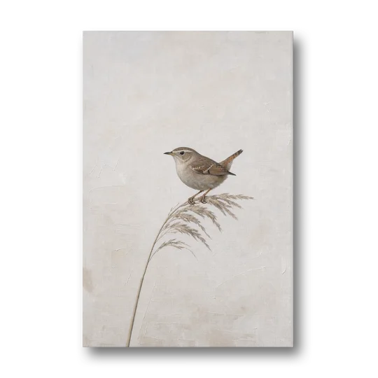 Vertical Wall Art Wren on a Dried Grass Stem - Canvas Wall Art - Front